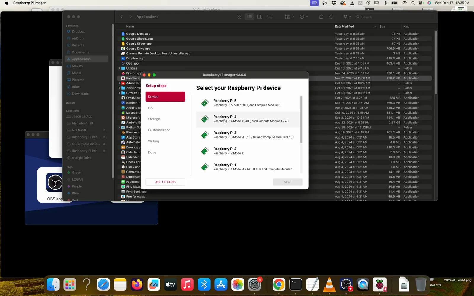 Raspberry Pi Imager device picker with Raspberry Pi 4 Model B highlighted in the list of Pi 5 through Pi 1 boards before flashing the SD card Raspberry Pi Imager device picker with Raspberry Pi 4 Model B highlighted in the list of Pi 5 through Pi 1 boards before flashing the SD card