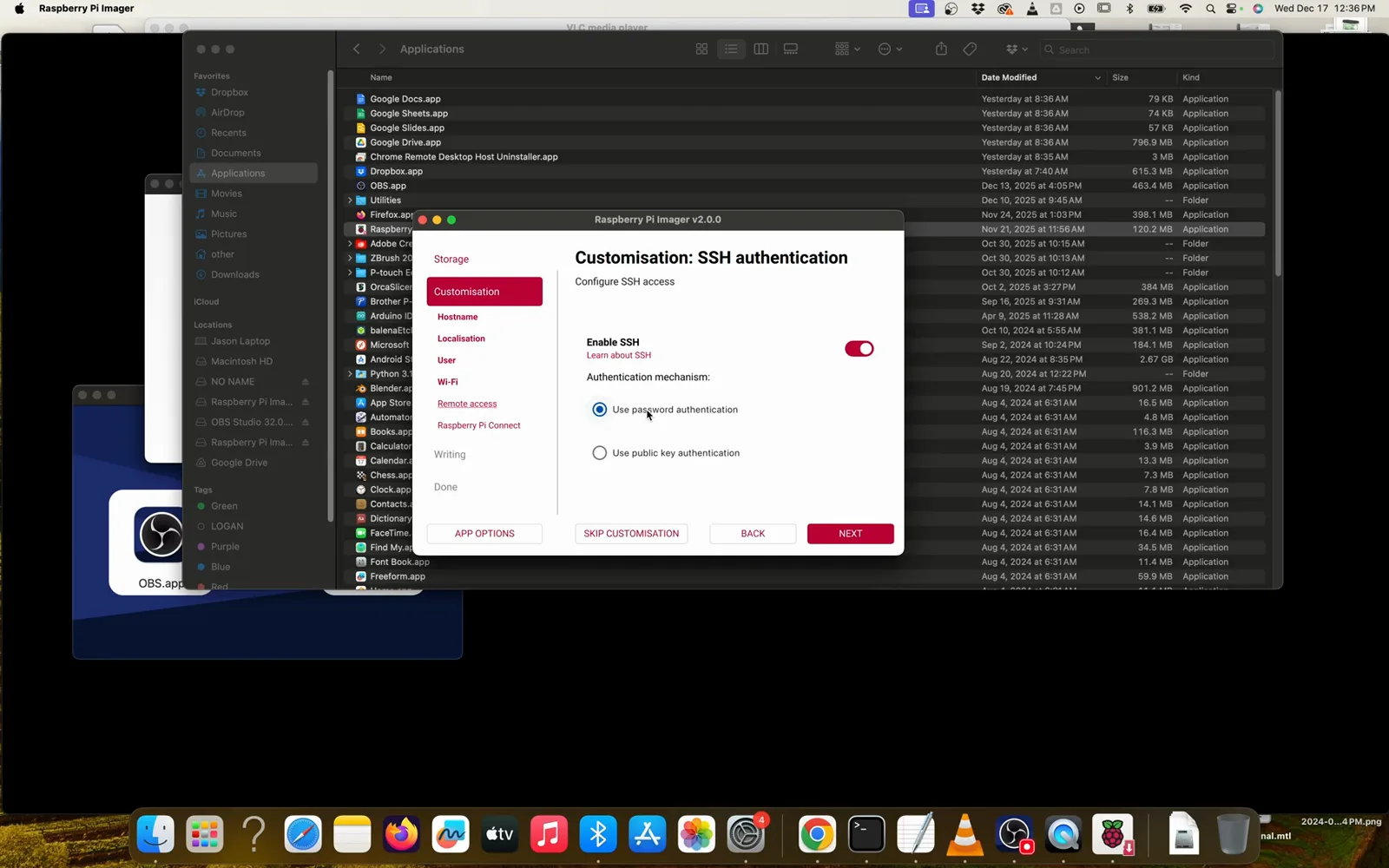 Raspberry Pi Imager customisation screen with the Enable SSH toggle switched on and password authentication selected for headless setup Raspberry Pi Imager customisation screen with the Enable SSH toggle switched on and password authentication selected for headless setup