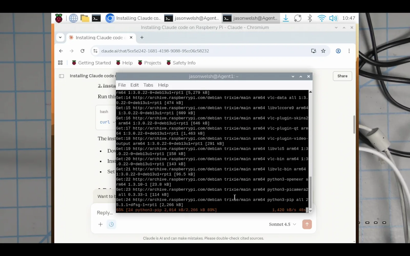 Terminal window on Raspberry Pi OS downloading arm64 packages from archive.raspberrypi.com during the system update before installing Claude Code Terminal window on Raspberry Pi OS downloading arm64 packages from archive.raspberrypi.com during the system update before installing Claude Code