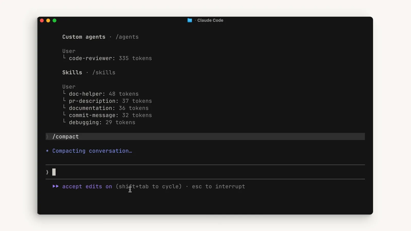 Claude Code terminal running the /compact command with the Compacting conversation message over a list of session skills and their token costs