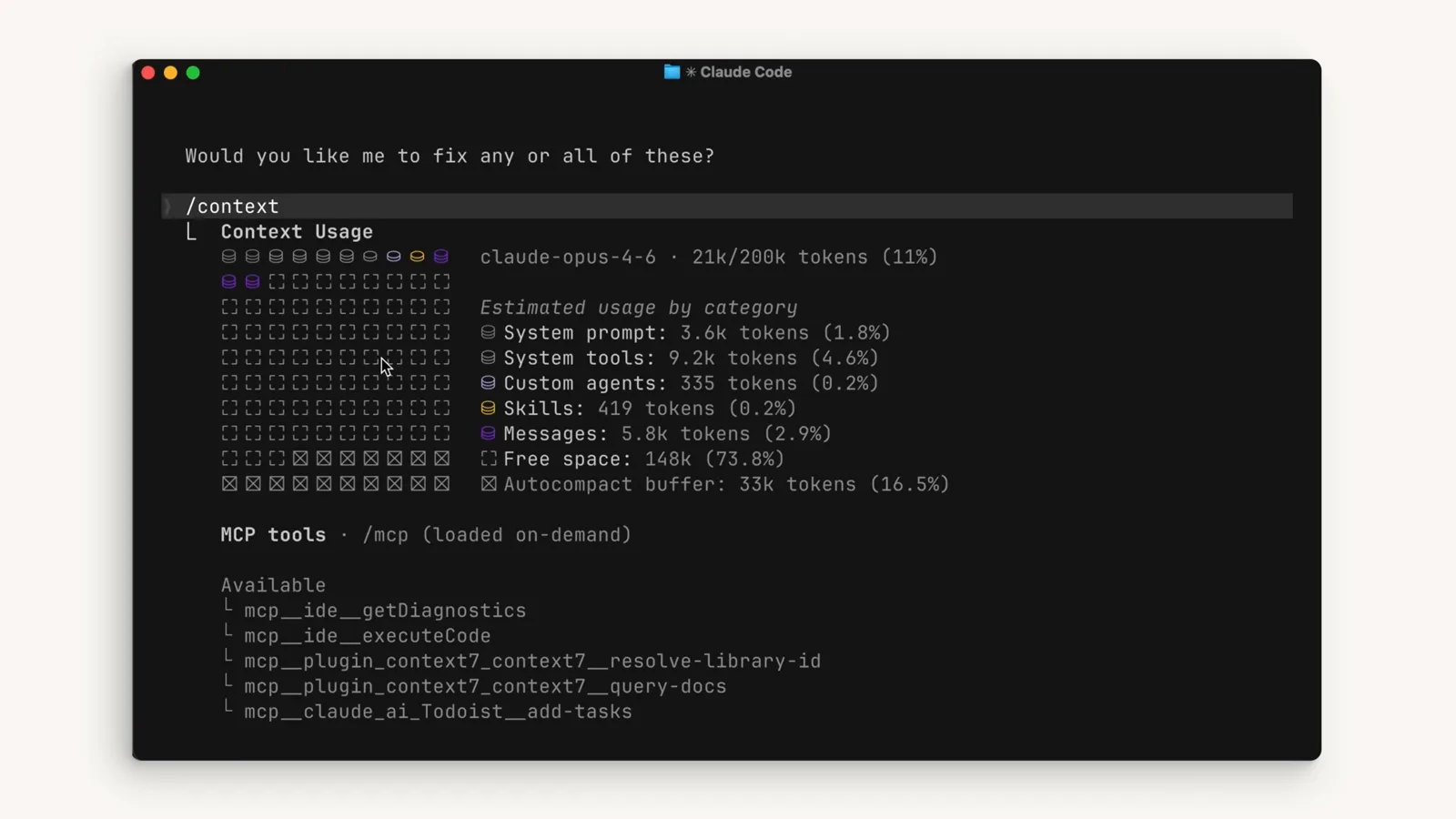 Claude Code /context dashboard showing 21k of 200k tokens used at 11 percent with system prompt, system tools, MCP servers and messages broken down by category