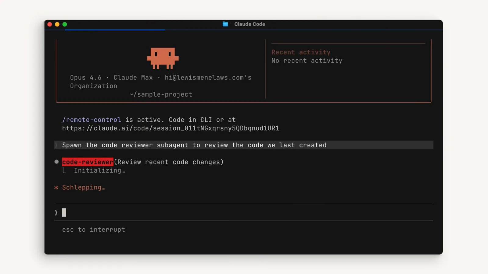 Claude Code spawning the code-reviewer subagent to review the code it just created while a Bash git diff command runs in the background