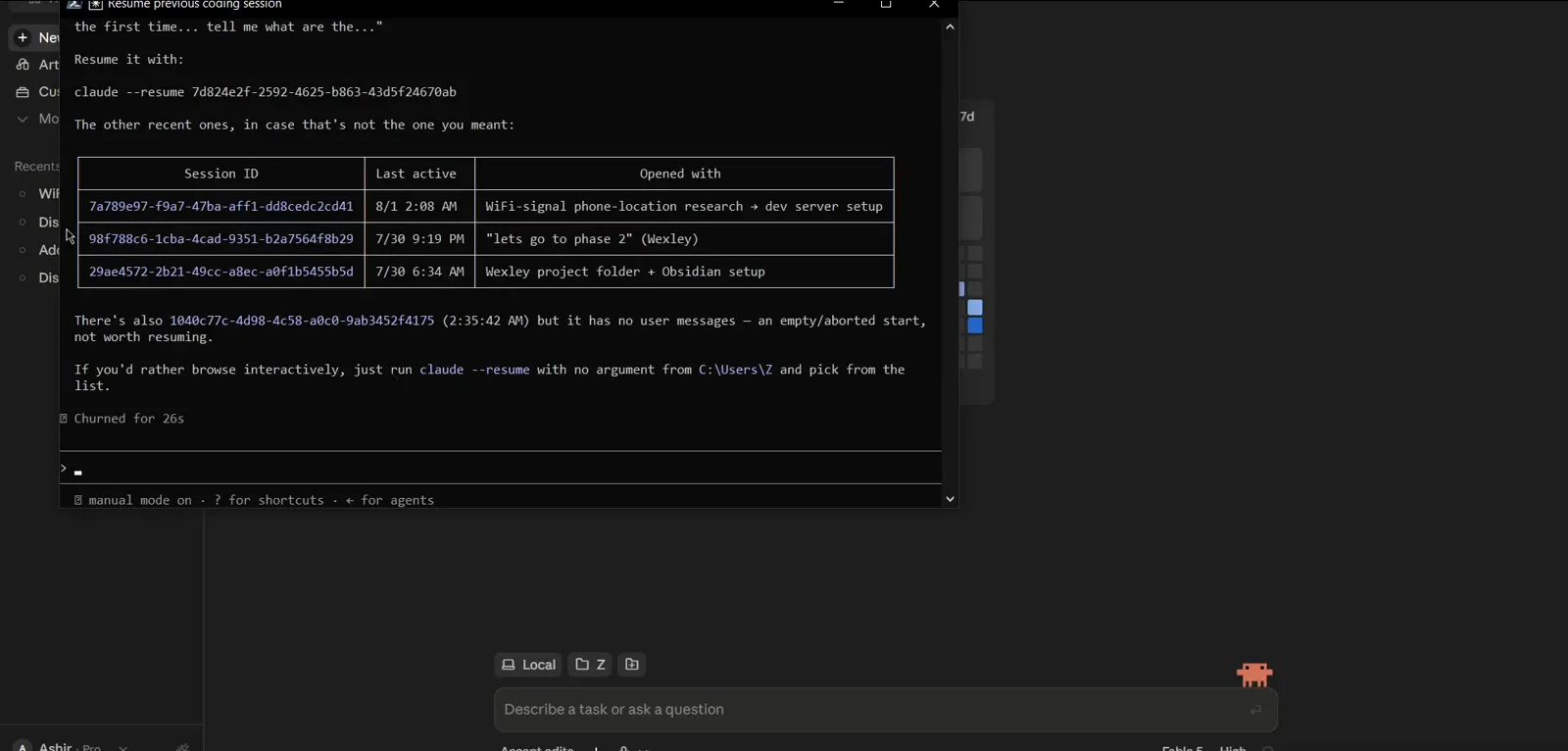 Claude Code answer listing past sessions in a Session ID, Last active and Opened with table with a claude --resume command to reopen one Claude Code answer listing past sessions in a Session ID, Last active and Opened with table with a claude --resume command to reopen one