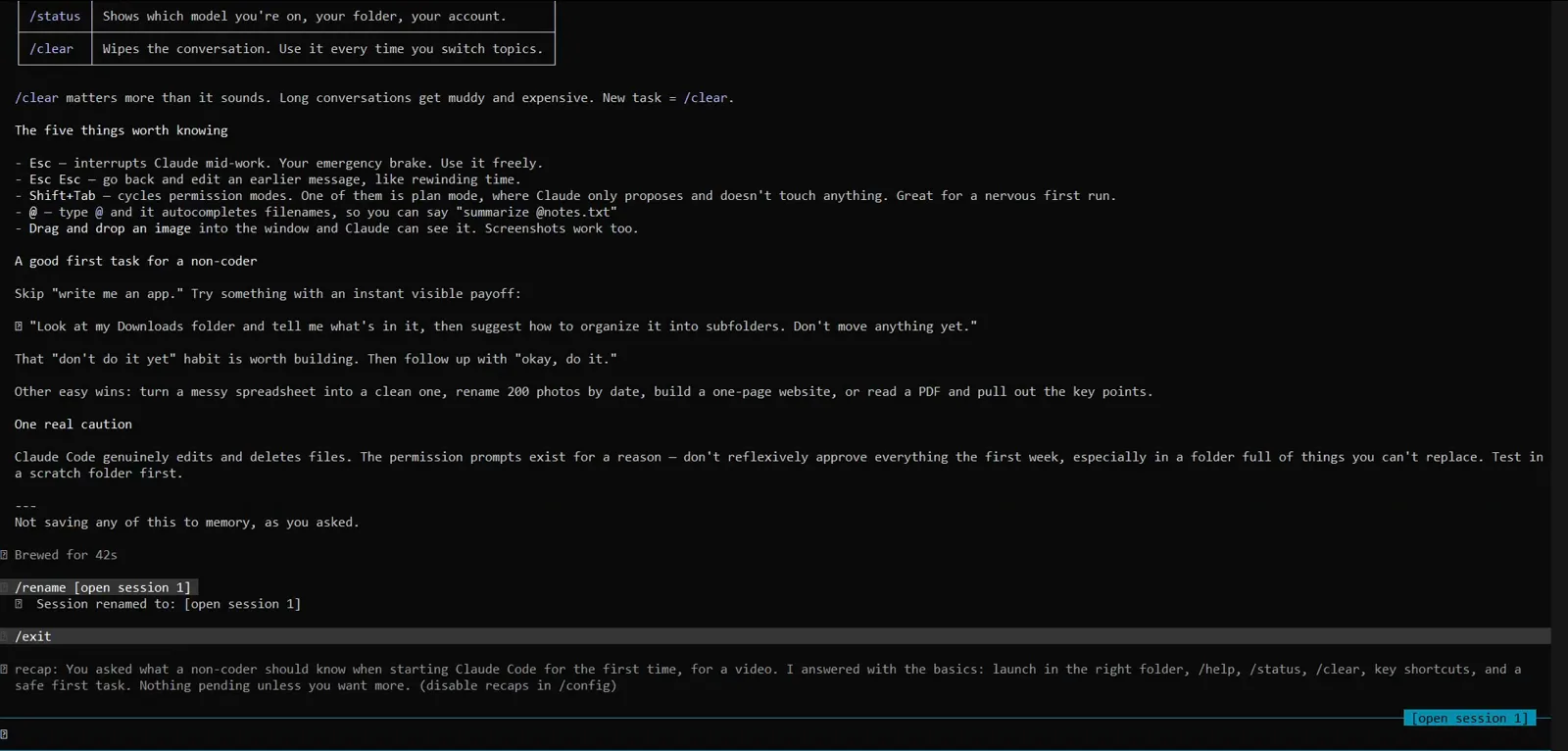 Claude Code session ending with the /rename open session 1 command confirmed by Session renamed to output and /exit typed at the prompt Claude Code session ending with the /rename open session 1 command confirmed by Session renamed to output and /exit typed at the prompt
