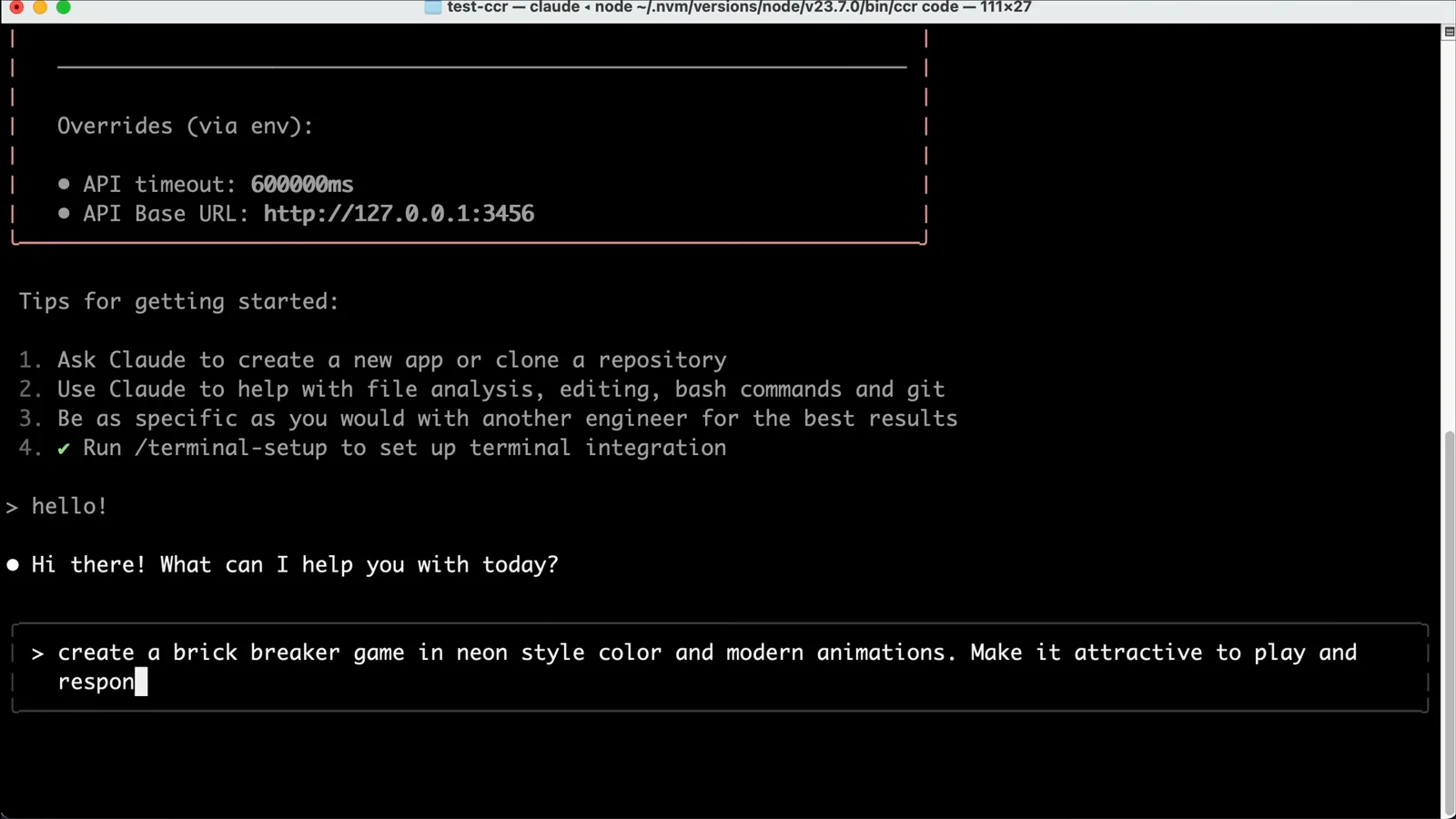 Claude Code session launched with ccr code showing Overrides via env with API Base URL http://127.0.0.1:3456, proving requests route through Claude Code Router