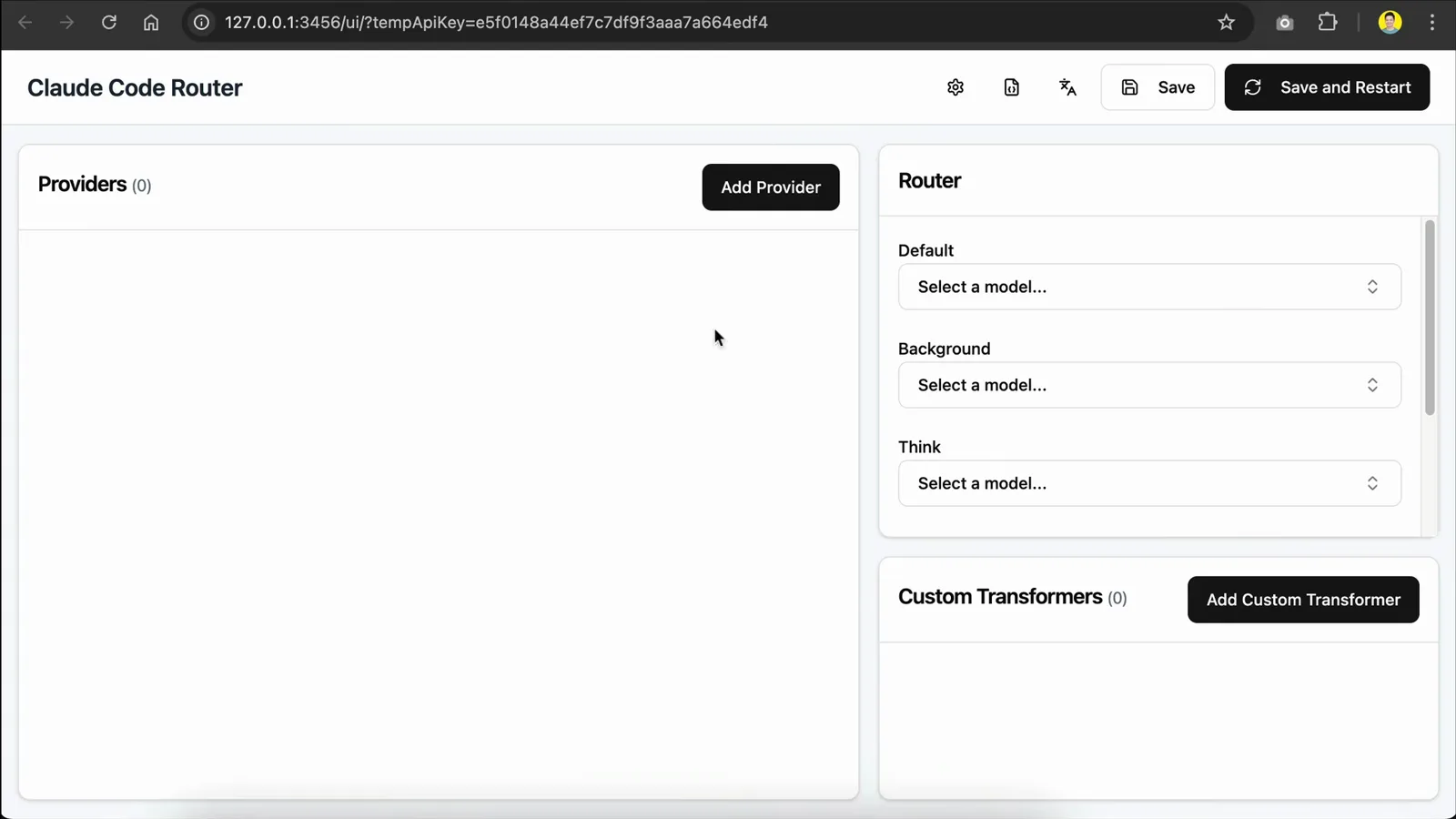 Claude Code Router web console from ccr ui on first launch with an empty Providers list and Default, Background, and Think router slots