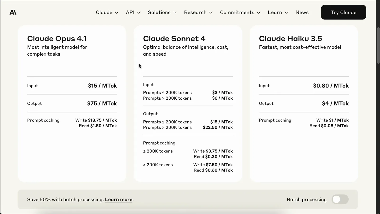 Anthropic API pricing page showing Claude Opus 4.1 at 15 dollars per million input tokens and 75 dollars per million output tokens, the cost Claude Code Router helps you avoid