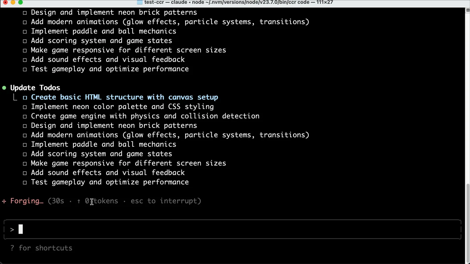 Claude Code executing a neon brick breaker game todo list inside a session proxied by Claude Code Router
