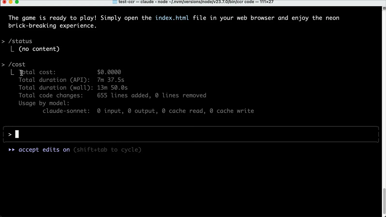 Claude Code /cost command reporting a 0.0000 dollar total and claude-sonnet zero-token usage, the known accounting gap when models are routed externally