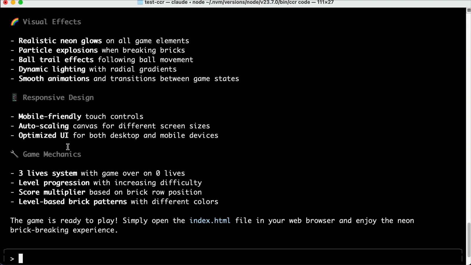 Claude Code completion summary for a neon brick breaker game listing visual effects, responsive design, touch controls, and game mechanics