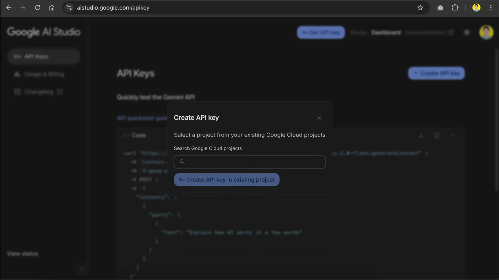 Google AI Studio Create API key dialog used to generate the free Gemini API key for the Claude Code Router think and longContext routes