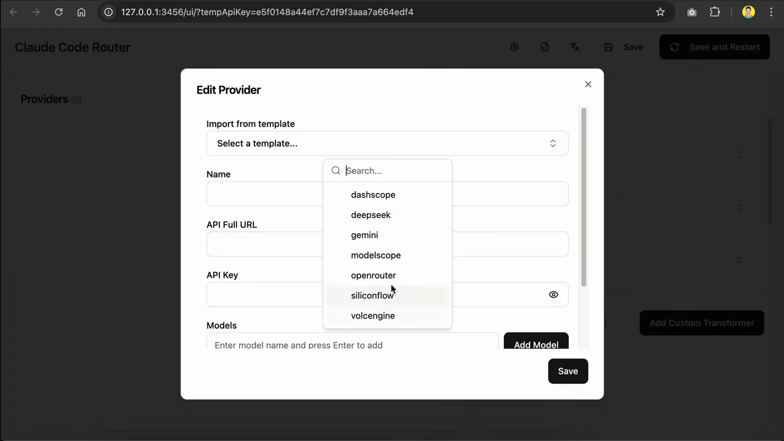 Add Provider template dropdown in the Claude Code Router console listing dashscope, deepseek, gemini, modelscope, openrouter, siliconflow, and volcengine presets