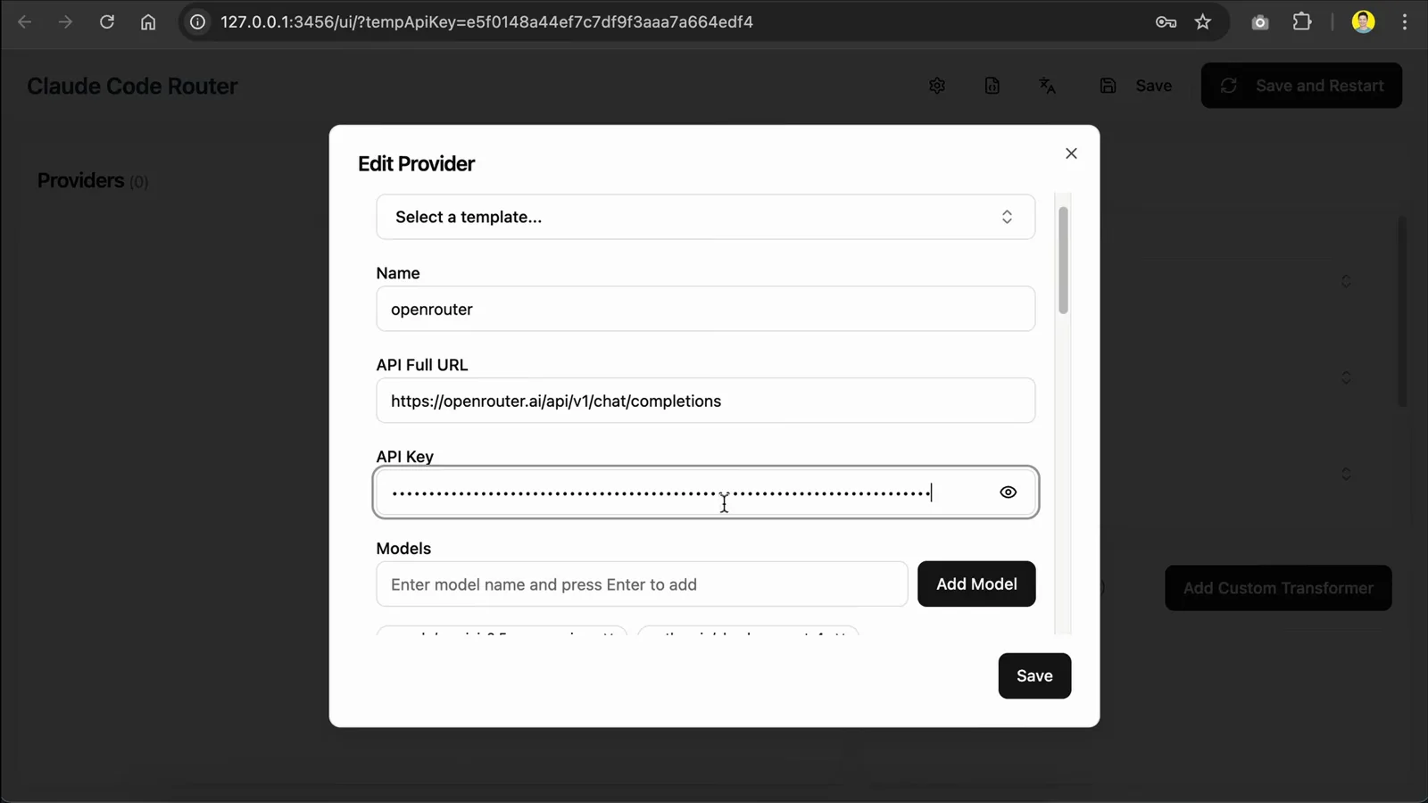Edit Provider dialog for the openrouter template showing the pre-filled API Full URL https://openrouter.ai/api/v1/chat/completions, a masked API key field, and the models list
