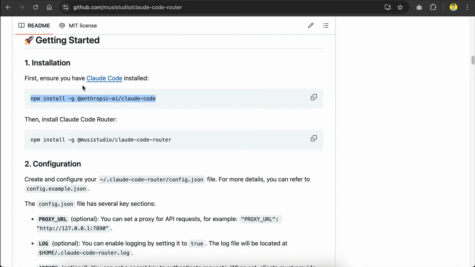 Claude Code Router README Getting Started section listing npm install -g @anthropic-ai/claude-code and npm install -g @musistudio/claude-code-router