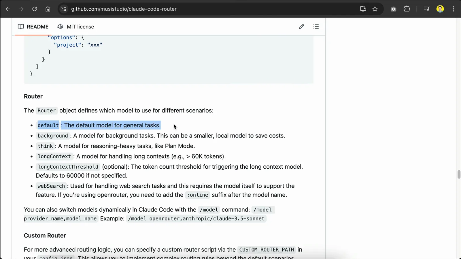 Claude Code Router README describing the Router roles default, background, think, longContext with a 60000 token longContextThreshold, and webSearch with the :online suffix