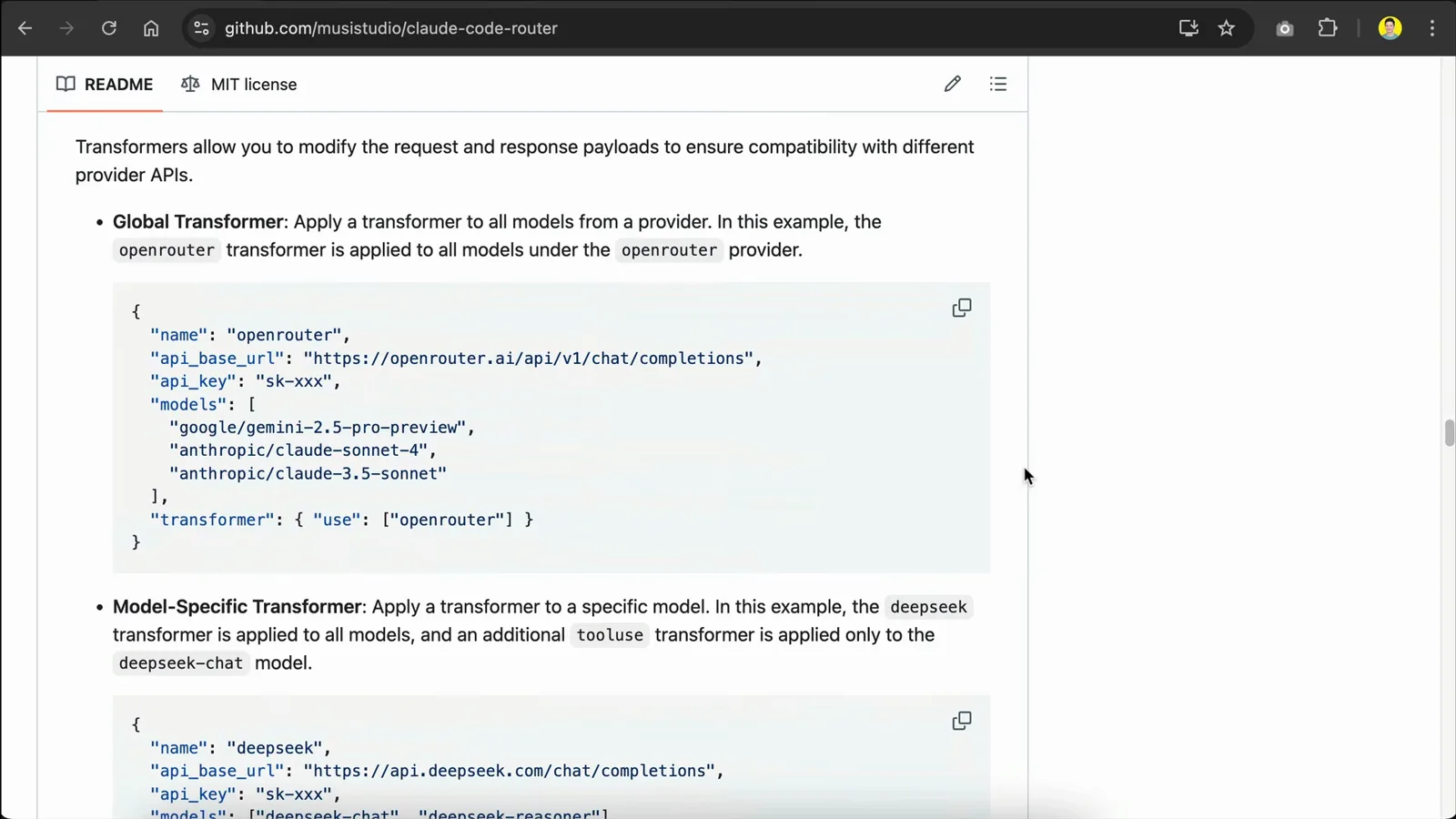 Claude Code Router README transformer section with a Model-Specific Transformer example applying the deepseek transformer to the api.deepseek.com provider and deepseek-chat model