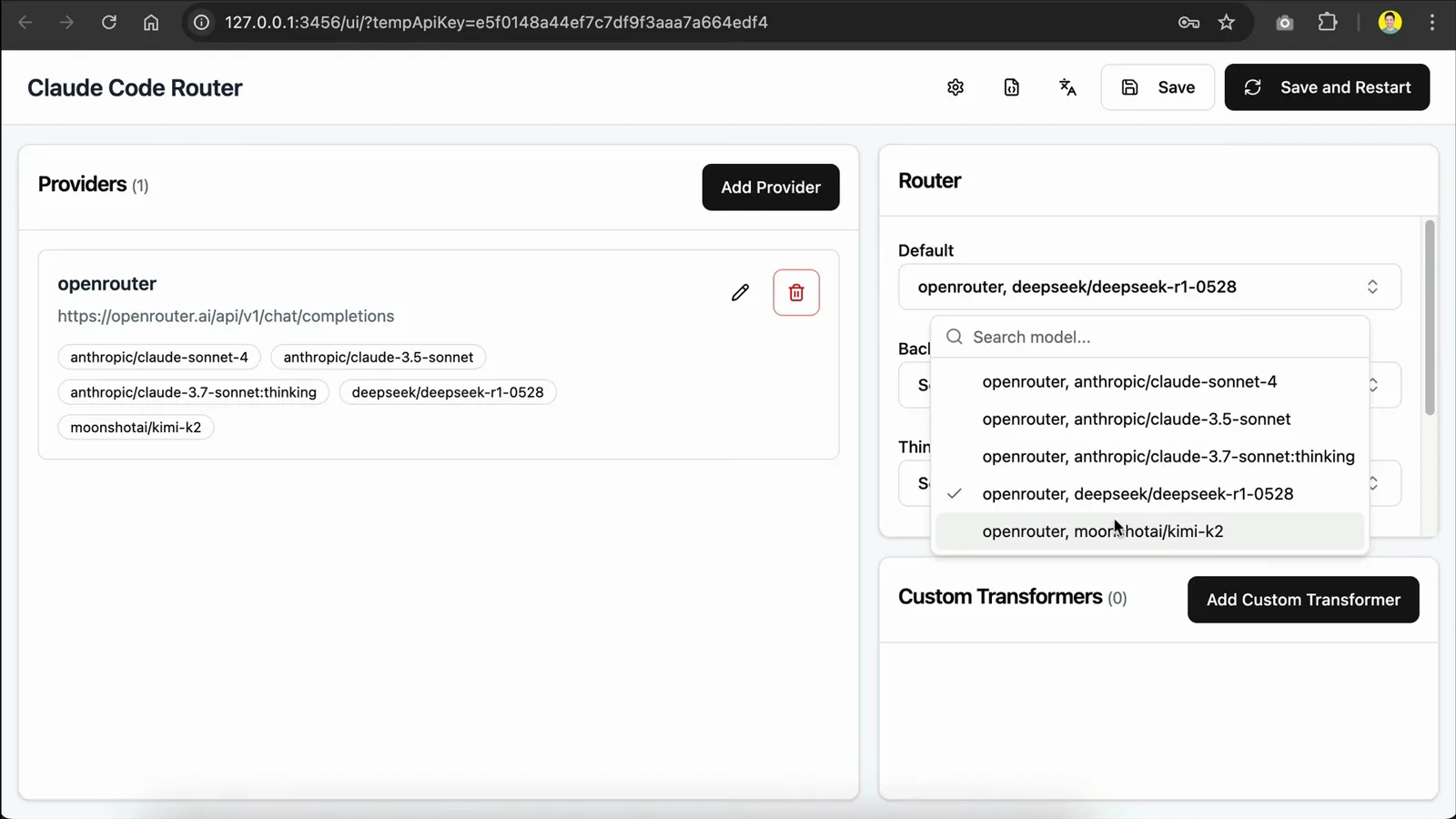 Claude Code Router console setting openrouter,deepseek/deepseek-r1-0528 as the Default model with the model picker dropdown open over the saved openrouter provider