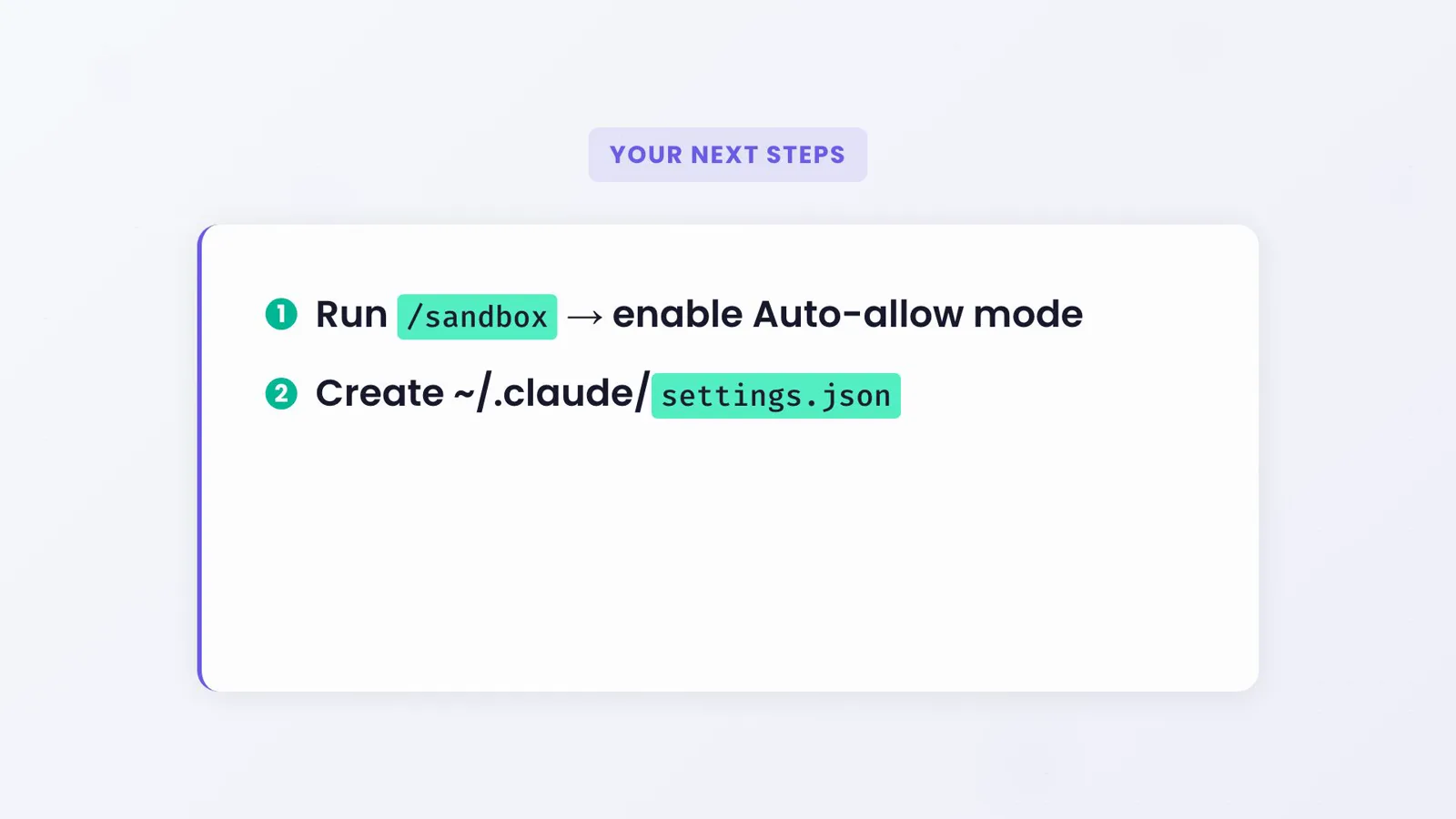 Explainer card listing the two sandbox setup moves: run the /sandbox command to enable auto-allow mode and create settings.json inside the Claude folder