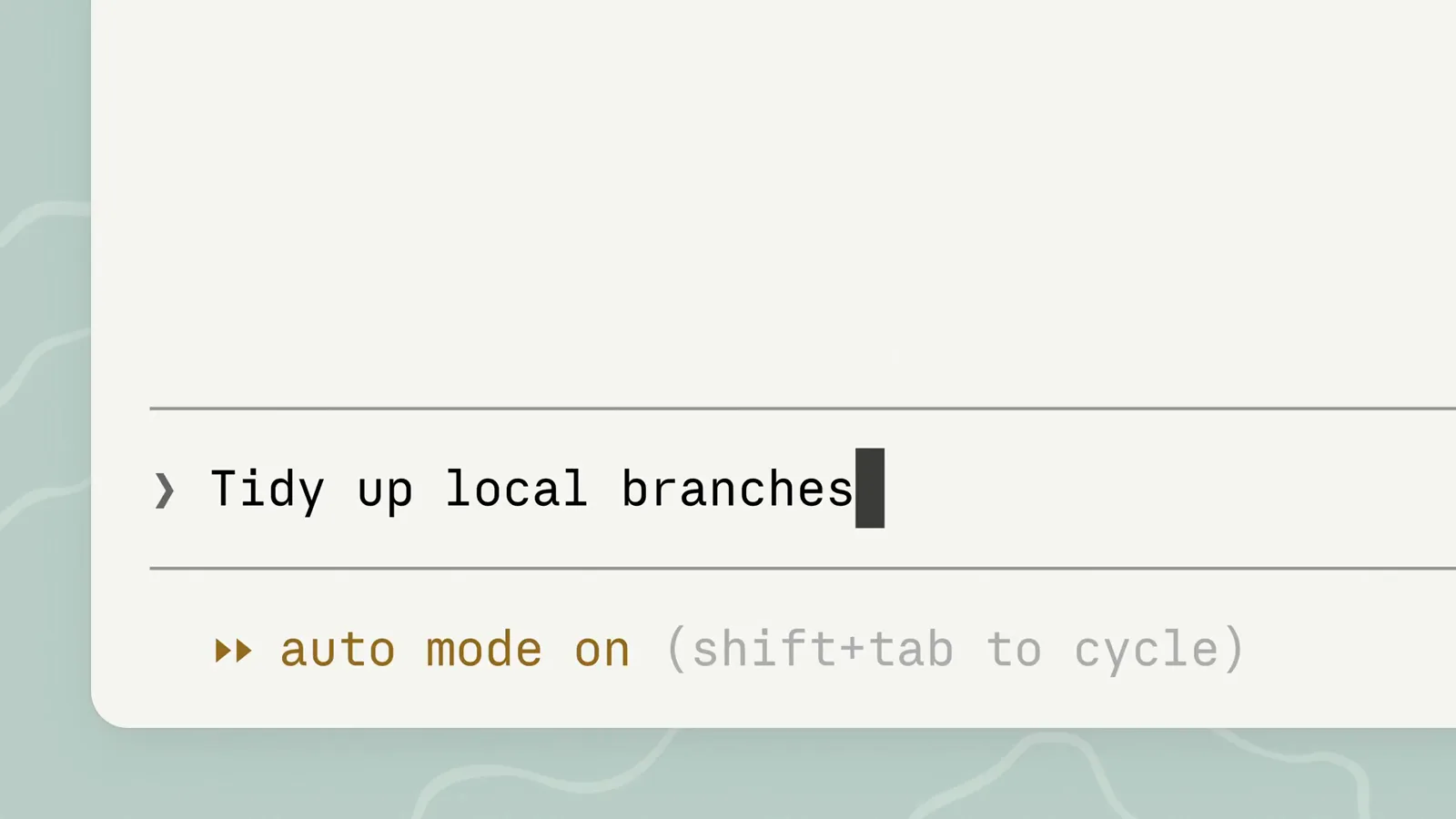 Claude Code terminal with the prompt Tidy up local branches fully typed and the footer reading auto mode on beside the shift+tab cycling hint