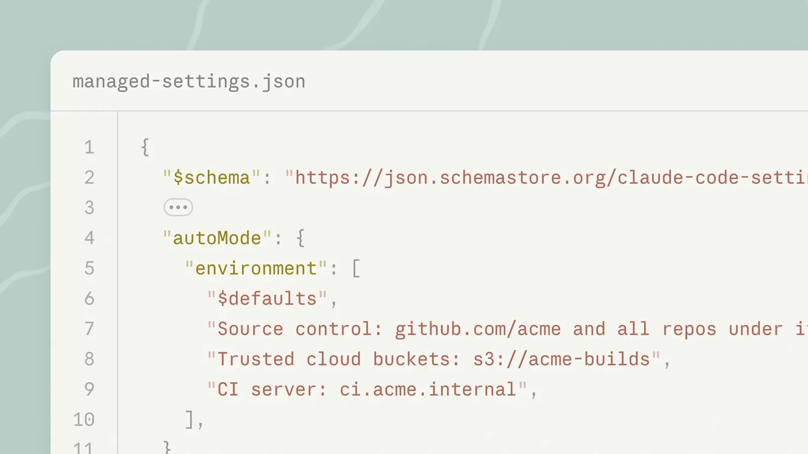 Claude Code managed-settings.json editor with an auto mode environment block listing a GitHub source control entry, trusted s3 cloud buckets and an internal CI server