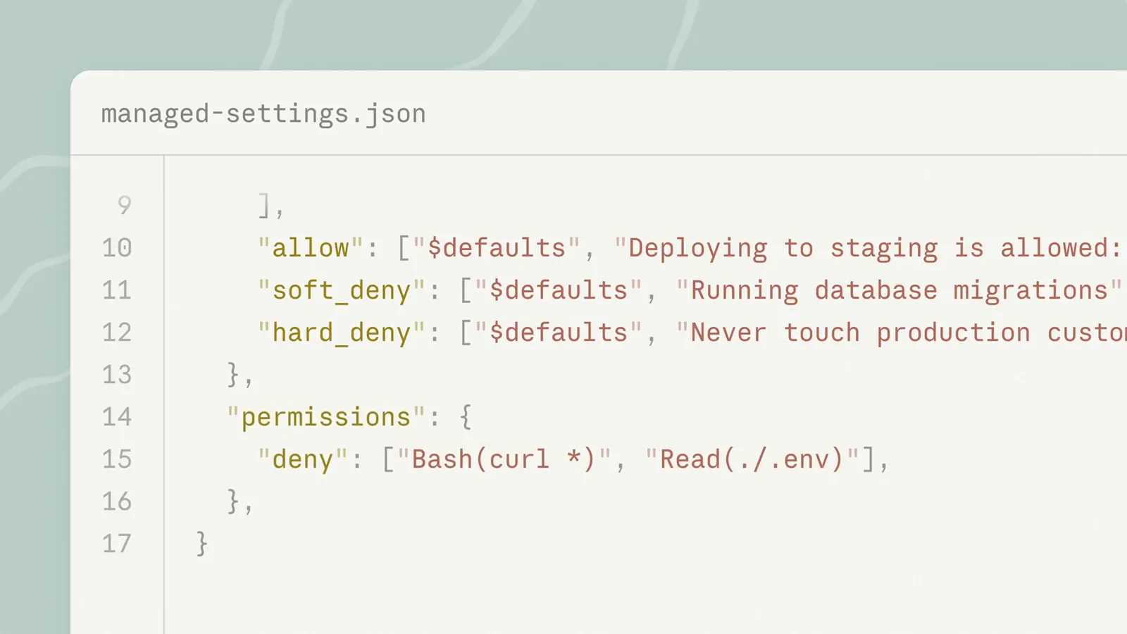 Claude Code managed-settings.json editor showing permissions deny rules for Bash curl and Read ./.env beneath allow, soft_deny and hard_deny entries