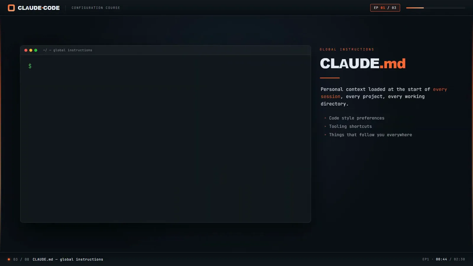 Claude Code CLAUDE.md global instruction file card with personal preferences, code style rules and testing patterns loaded at the start of every session