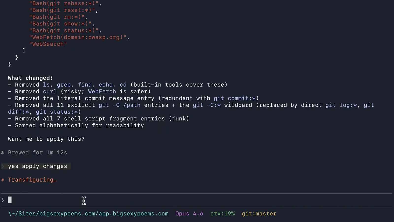 Claude Code summary of permission changes removing curl, explicit home directory paths and one-off shell script entries from the settings allow list