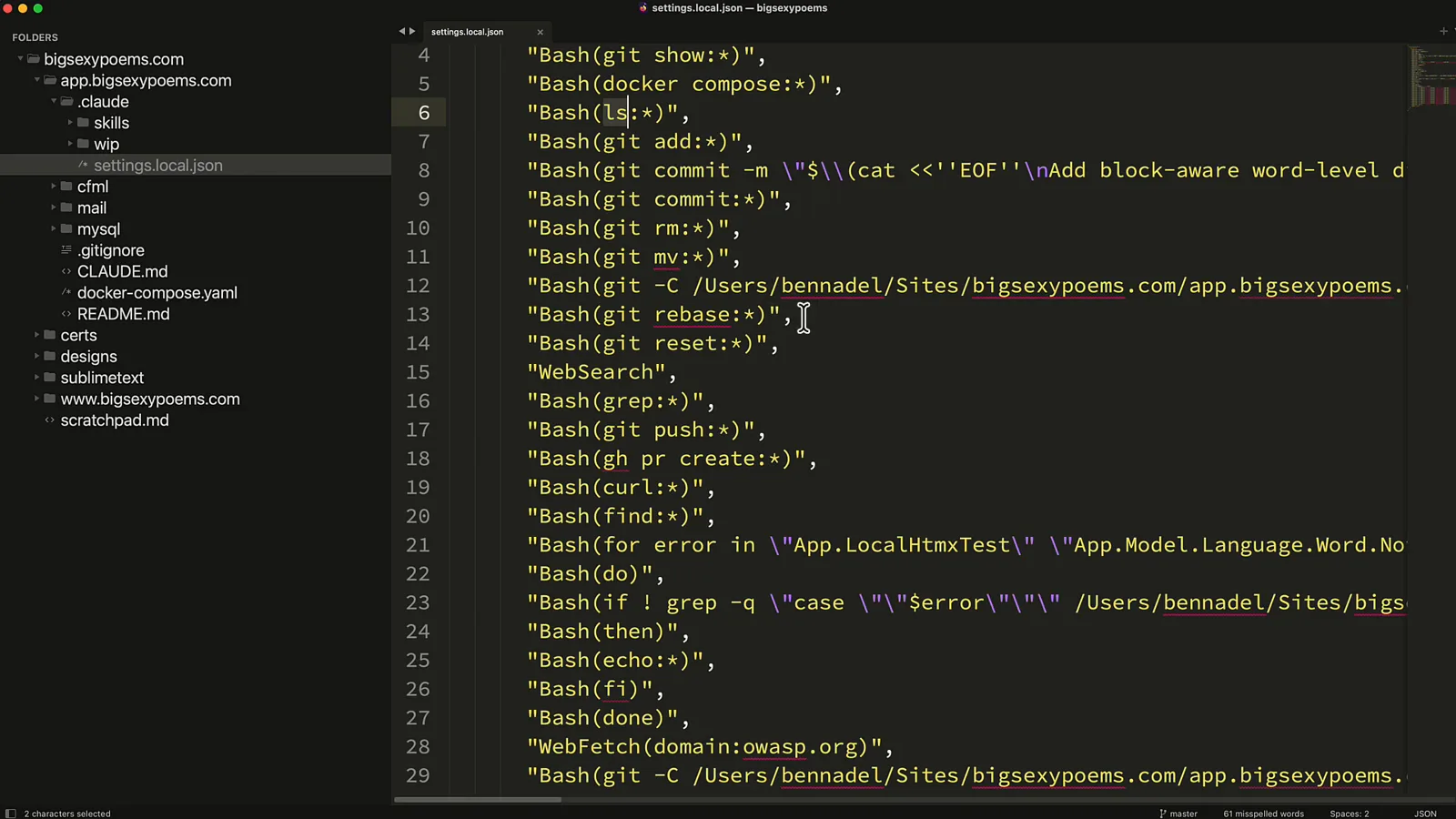 Claude Code settings.local.json permissions allow list open in VS Code showing Bash git commands and WebFetch domain allow entries