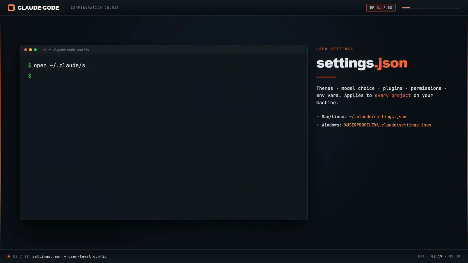Claude Code settings.json card showing the ~/.claude/settings.json path on Mac and Linux and the Windows USERPROFILE location for themes, model choice and permissions
