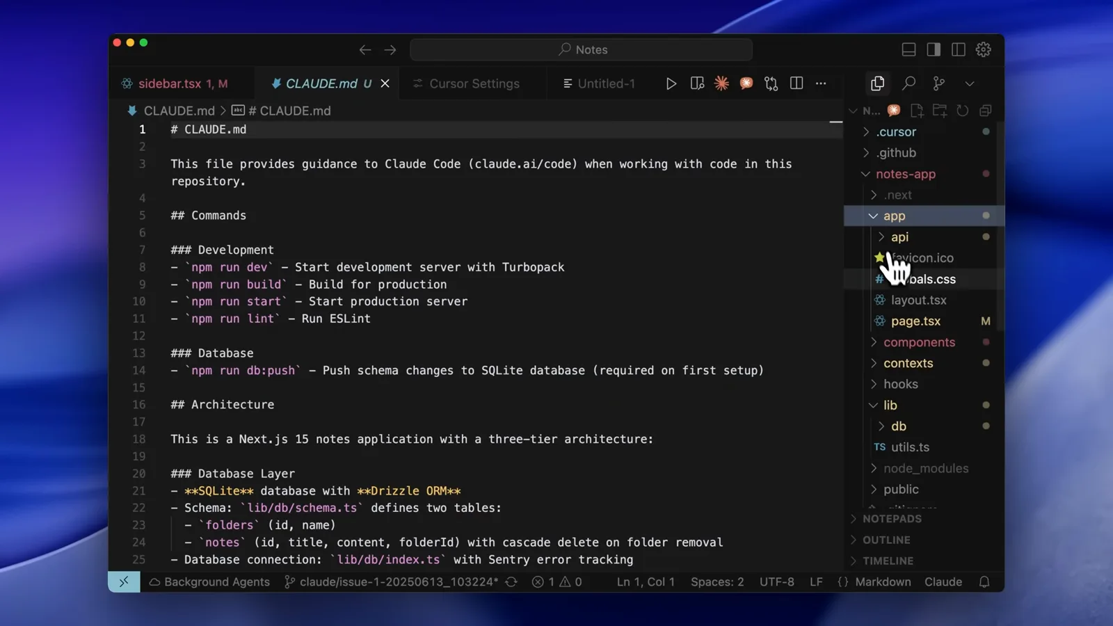 CLAUDE.md open in the VS Code editor listing npm run dev, build and lint commands plus a three-tier Next.js 15 notes app architecture in a short file