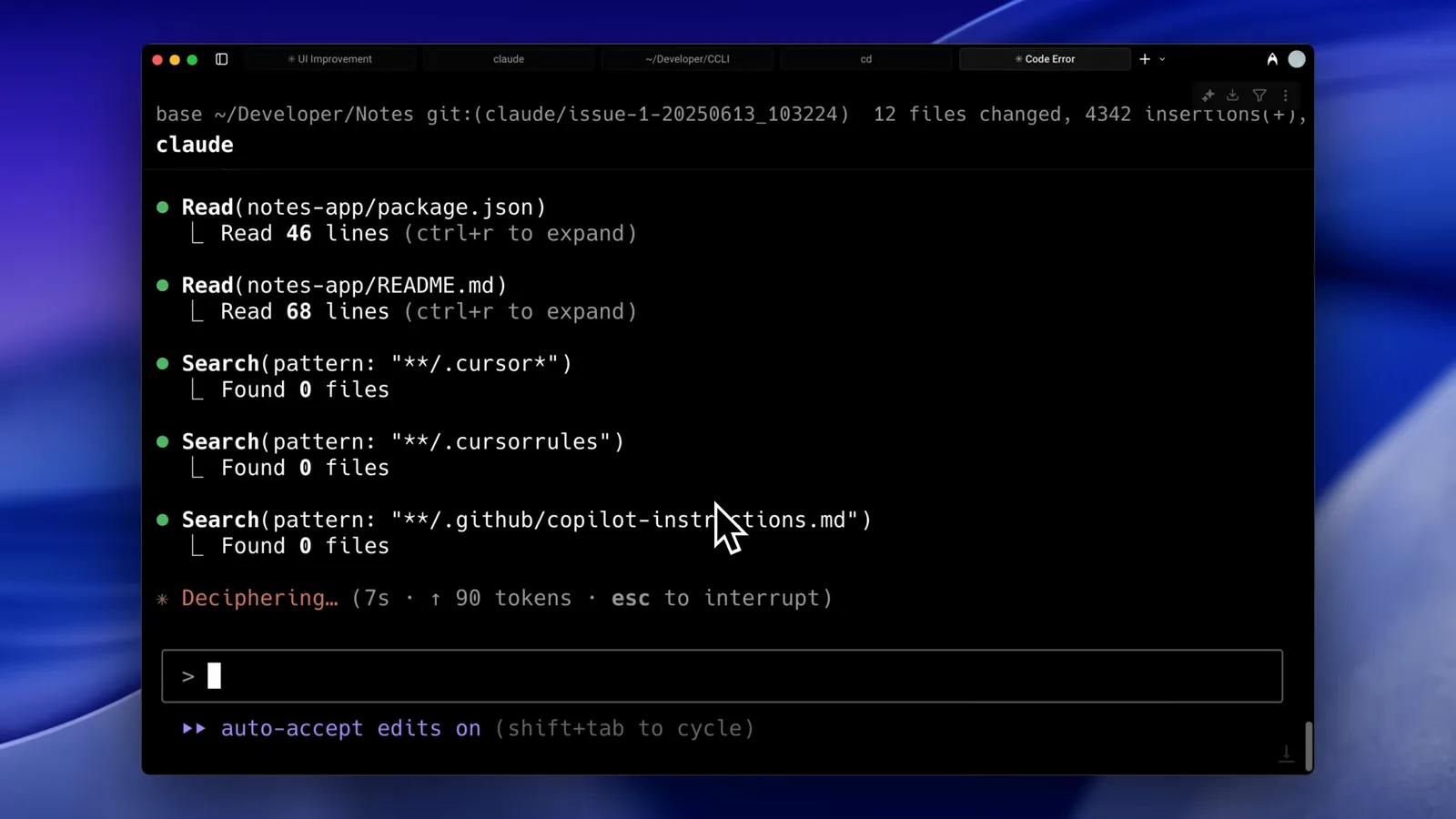 Claude Code reading package.json, README.md and router.tsx and searching for cursor rules before writing CLAUDE.md, spinner showing Deciphering after 7 seconds and 90 tokens