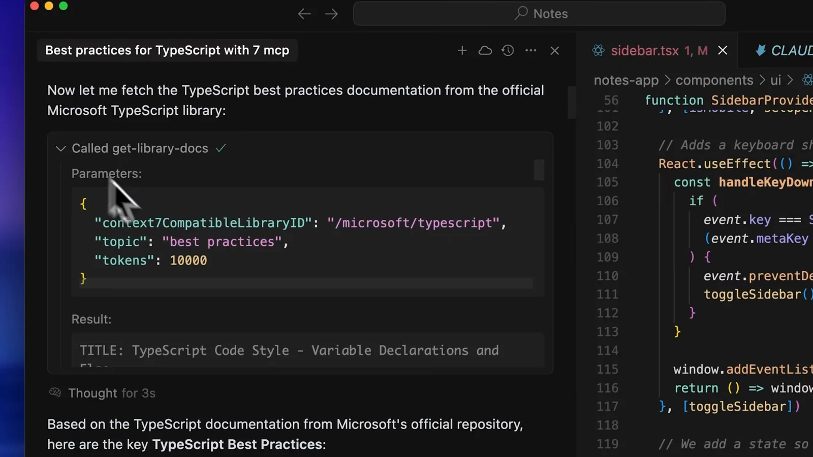 Claude Code calling the Context7 get-library-docs tool with topic best practices to pull only the relevant TypeScript documentation section from Microsofts repo