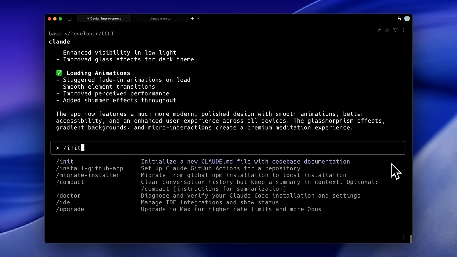 Claude Code slash-command menu opened by typing /init, highlighting Initialize a new CLAUDE.md file with codebase documentation next to compact, doctor and upgrade