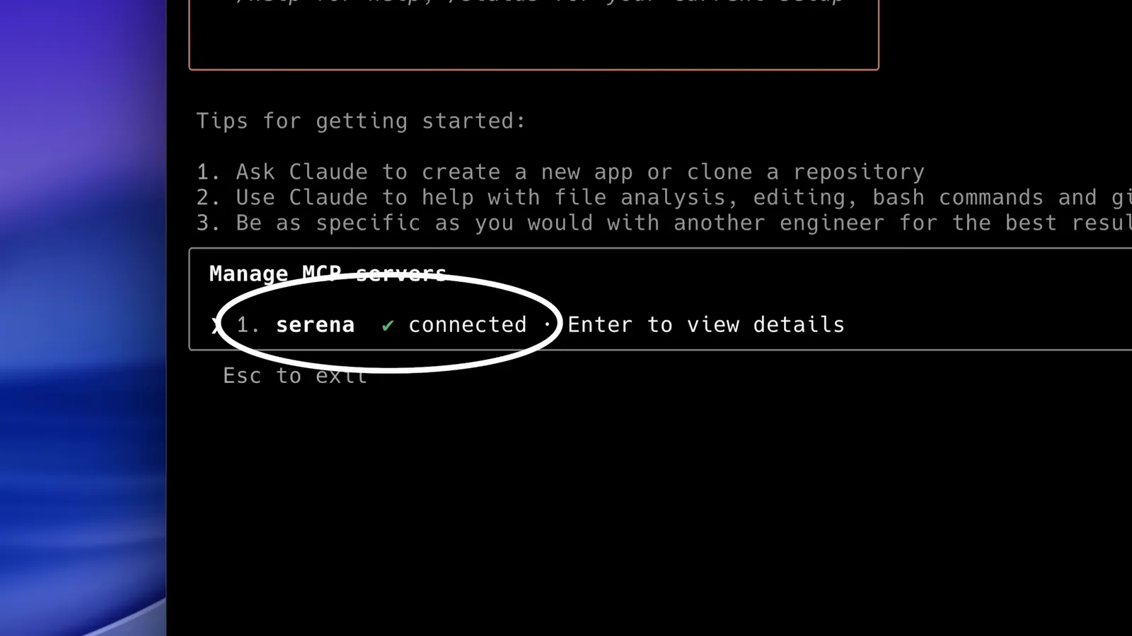 Claude Code Manage MCP servers screen listing serena as connected with Enter to view details and Esc to exit after adding the semantic code retrieval server