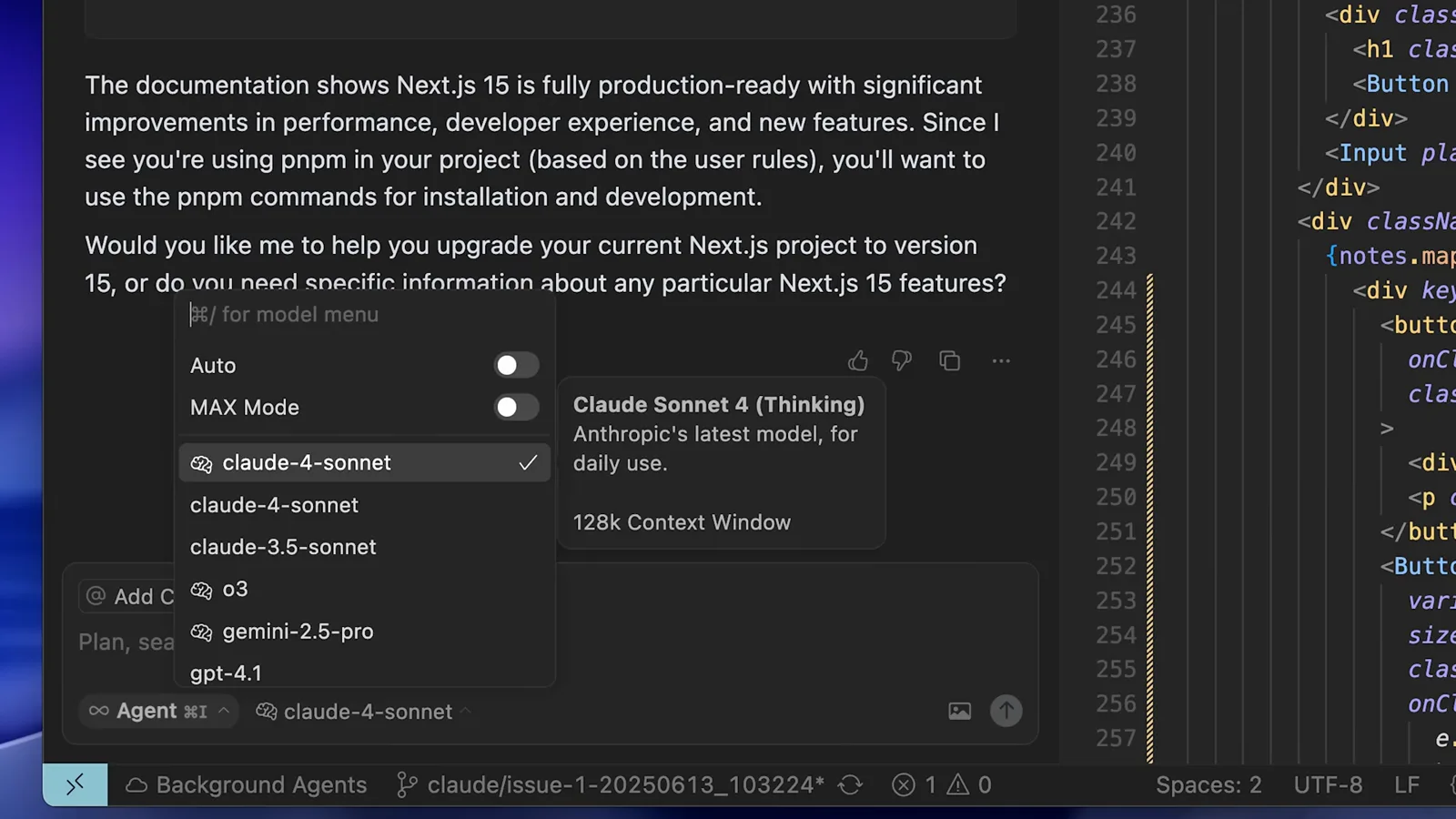 IDE model picker listing claude-4-sonnet, claude-3.5-sonnet, gemini-2.5-pro and gpt-4.1 above a Next.js upgrade answer, used to pick a faster model per task