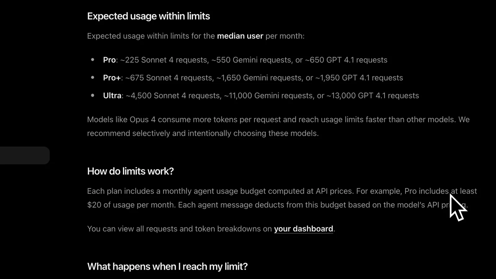 Claude documentation page on usage limits showing expected usage per plan, how limits work and the heading What happens when I reach my limit