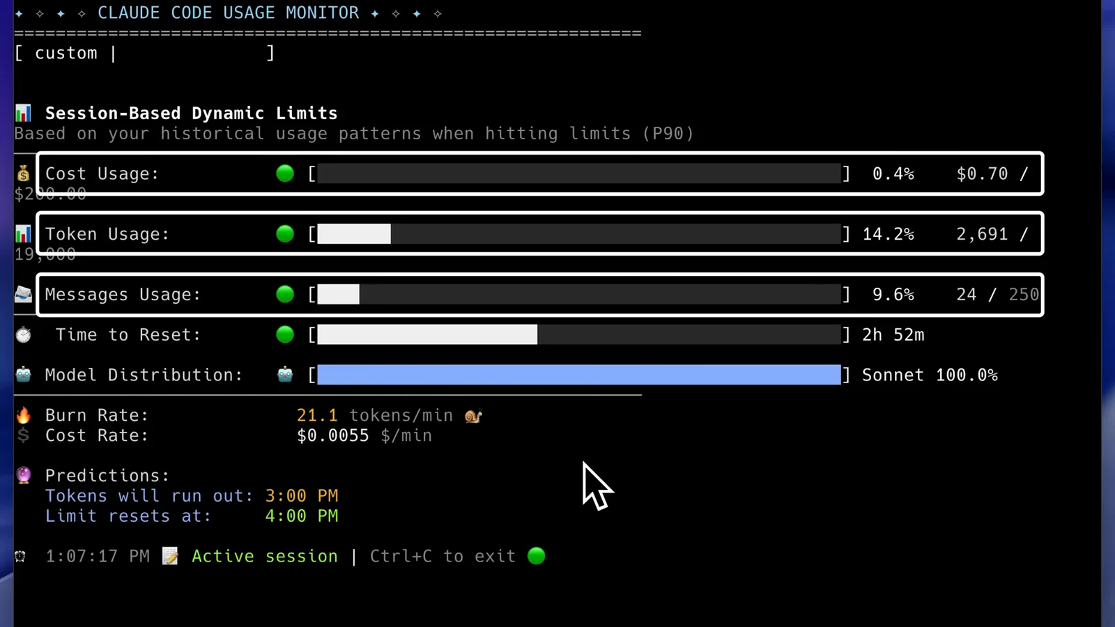 Claude Code Usage Monitor terminal TUI with progress bars for cost, token and messages usage, Time to Reset 2h 52m, Sonnet 100 percent and a 21.1 tokens per minute burn rate
