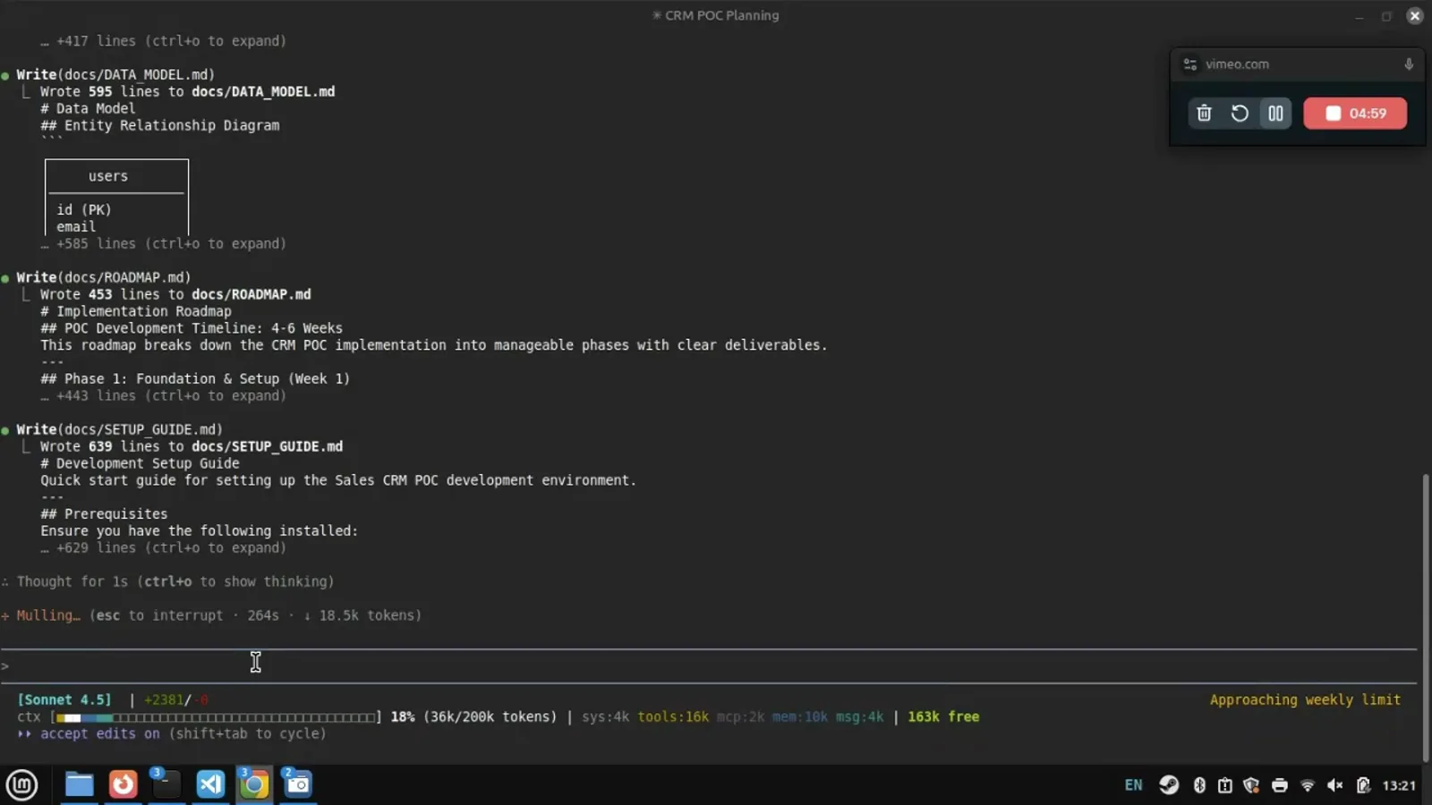 Claude Code writing planning documents with the ContextBricks status line showing Sonnet 4.5, lines added and removed, an 18 percent context bar at 36k of 200k tokens and 163k free