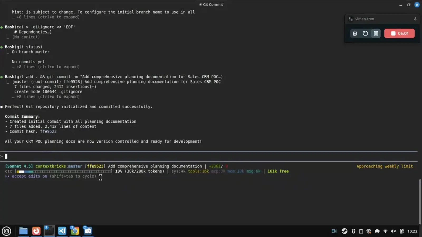Claude Code status line after a commit showing contextbricks master with commit ffe9523 message, a 19 percent context bar at 38k of 200k tokens and an Approaching weekly limit warning