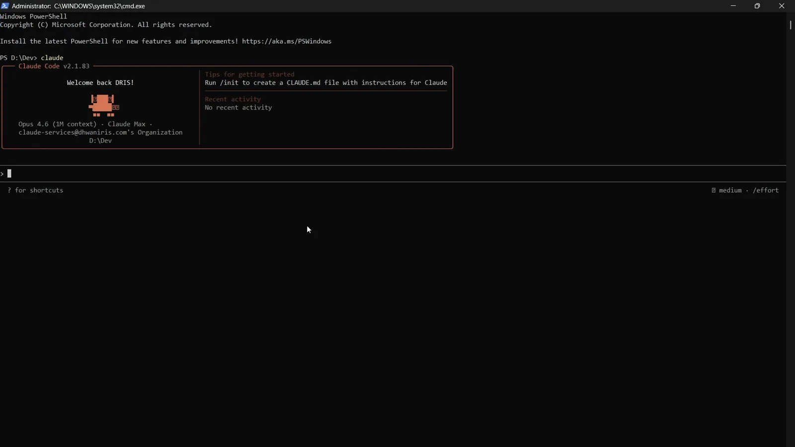 Claude Code v2.1.83 welcome box open in a Windows PowerShell terminal after typing claude, with an empty input prompt and no status line beneath it