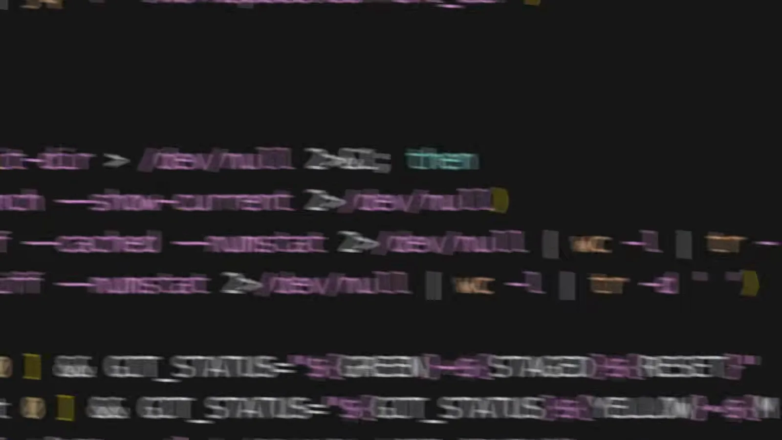 Close-up of GIT_STATUS logic colouring staged counts green and modified counts yellow with ANSI escape codes next to the BRANCH detection in a Claude Code statusline script