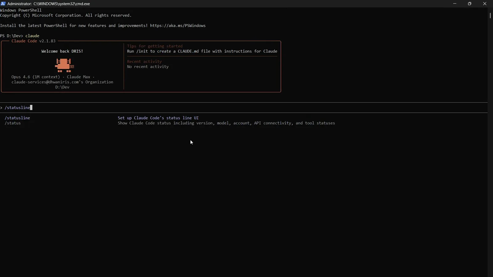 Slash command /statusline typed into Claude Code with the autocomplete menu labelling it as the way to set up Claude Code’s status line UI