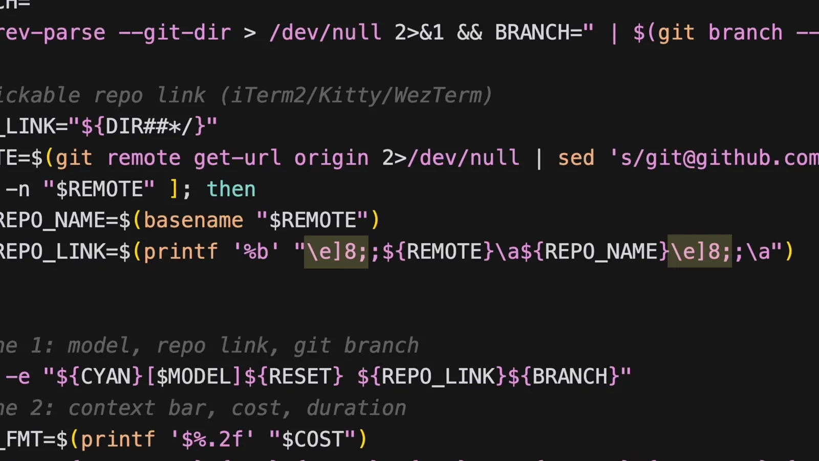 statusline.sh snippet building a clickable repo link with printf OSC 8 escapes and printing line one with model and branch plus line two with context bar, cost and duration