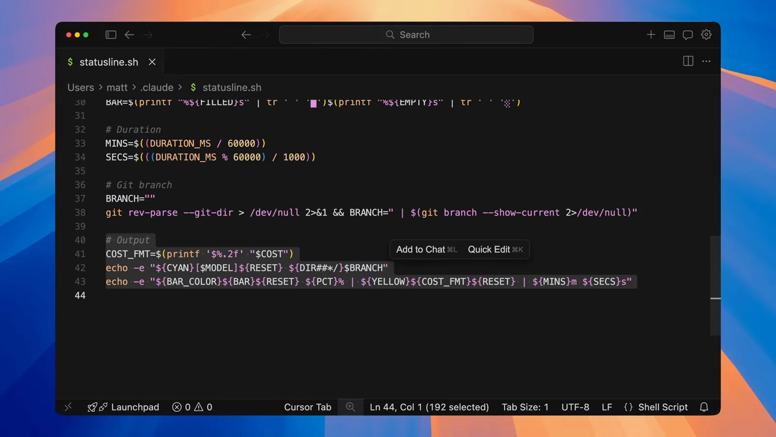 Lower half of statusline.sh turning DURATION_MS into minutes and seconds, appending the git branch from git rev-parse, and echoing the model row plus the bar, percentage, cost and elapsed time row