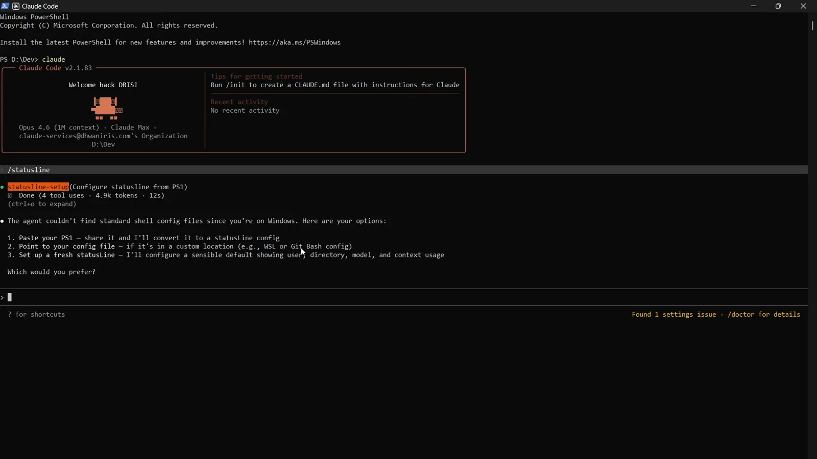 statusline-setup agent on Windows reporting it could not find standard shell config files and offering to paste a PS1, point at a WSL or Git Bash config, or set up a fresh statusline showing user, directory, model and context usage