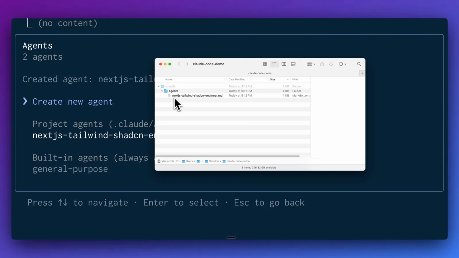 macOS Finder window revealing nextjs-tailwind-shadcn-engineer.md saved inside the project's hidden .claude/agents folder.