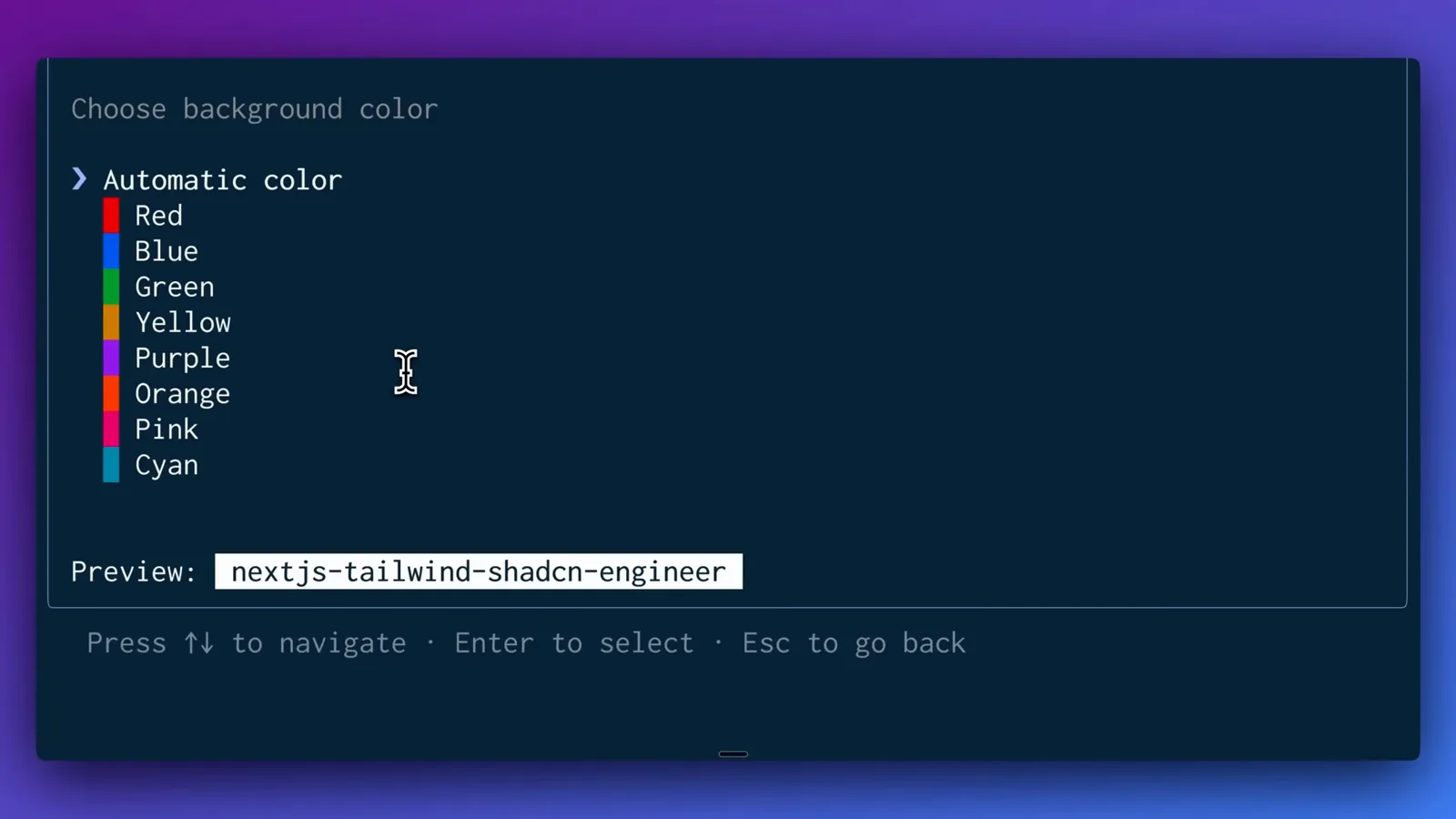 Background color picker previewing the nextjs-tailwind-shadcn-engineer agent name in nine terminal colors.