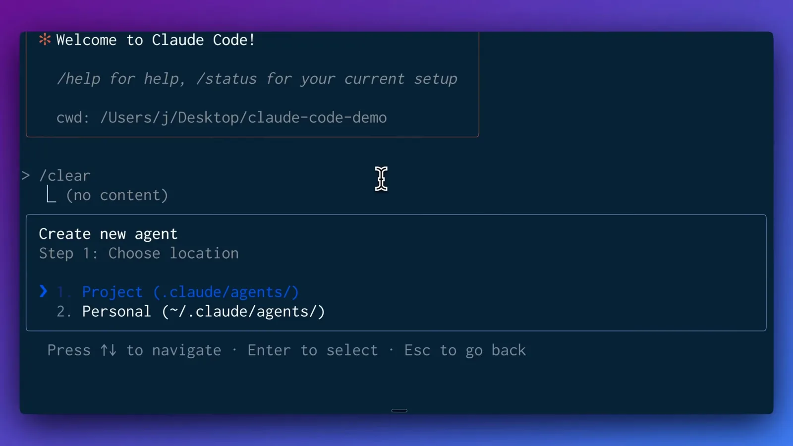 Step 1 of the agent wizard asking whether the subagent should live in the project's .claude/agents folder or the personal ~/.claude/agents directory.