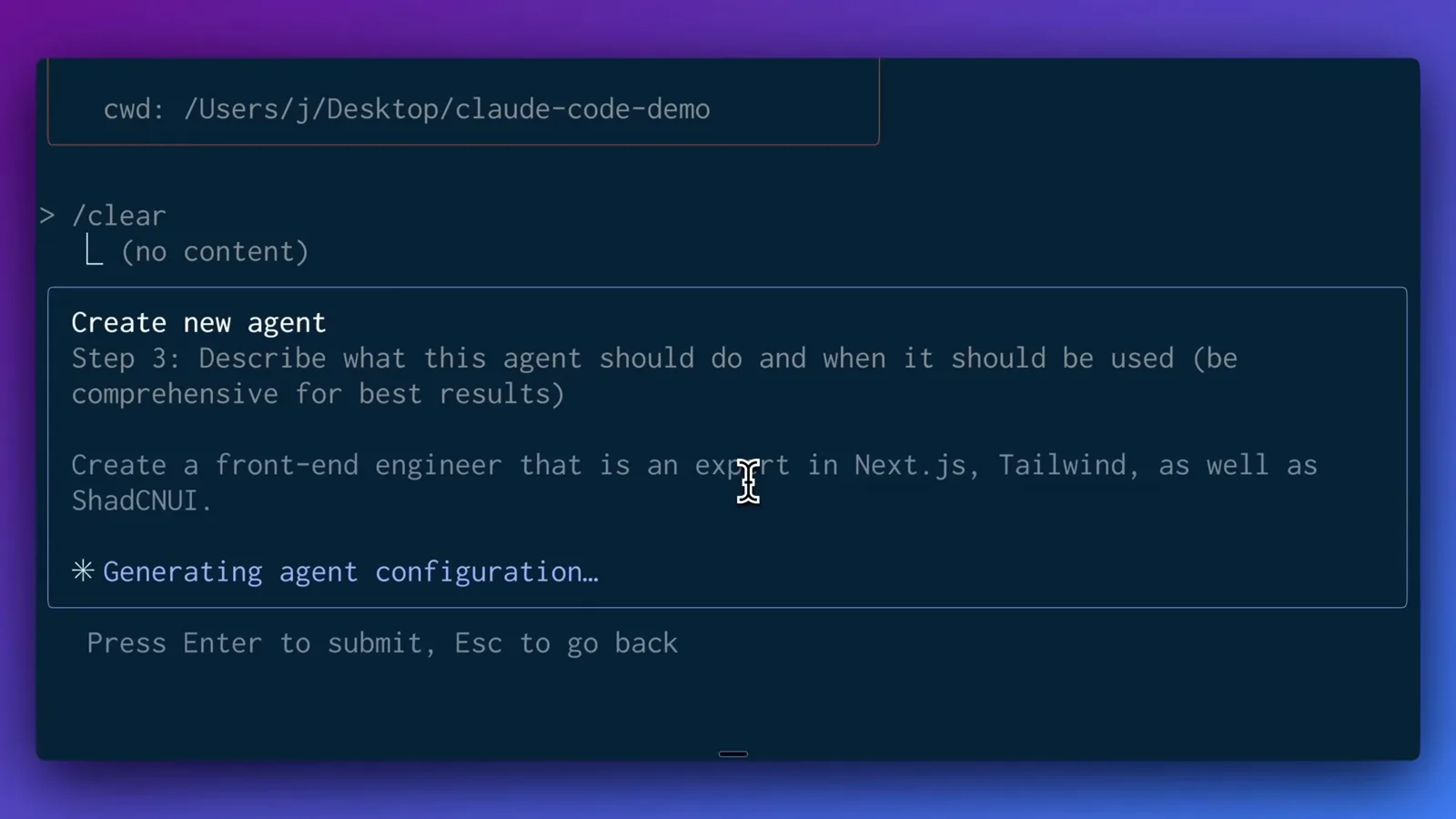 Claude Code generating the front-end engineer agent configuration from a one-line description that mentions Next.js, Tailwind, and ShadCN/UI.