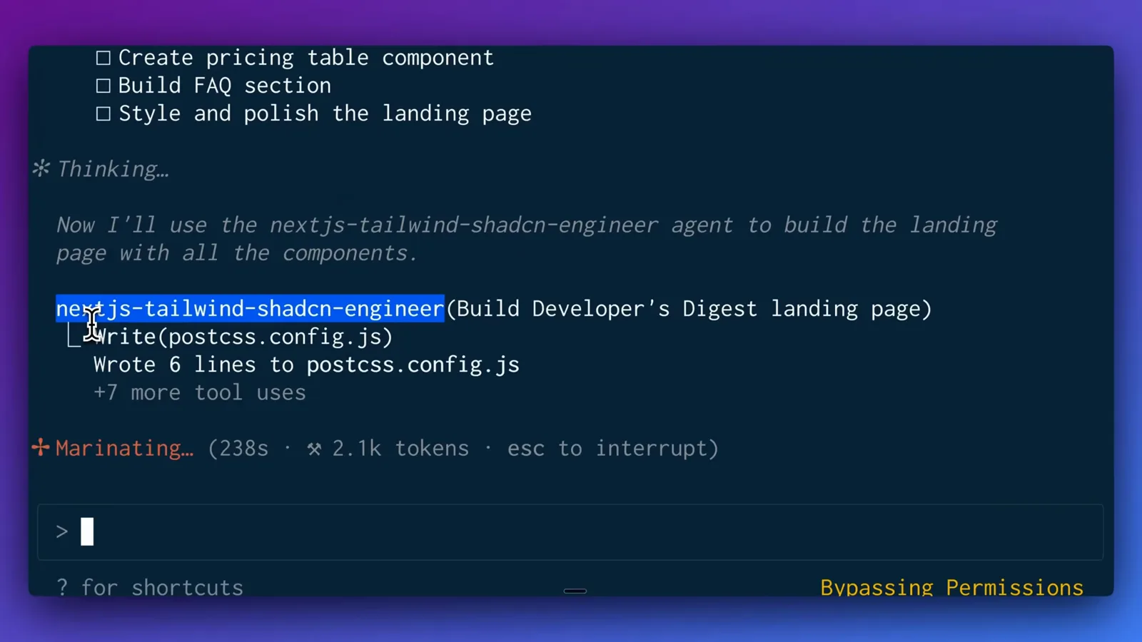 nextjs-tailwind-shadcn-engineer subagent writing PostCSS and component files while the main conversation shows a marinating status.